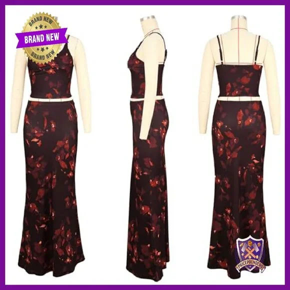 Two Piece Skirt Set: Sleeveless Crop Top & Maxi Skirt - Soft Stretchy Material